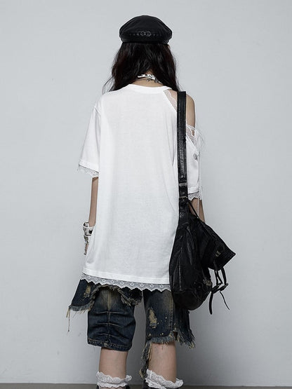 Lace-Trimmed Shoulder with Print Black Denim Lace-Up T-shirt Punk Detail White