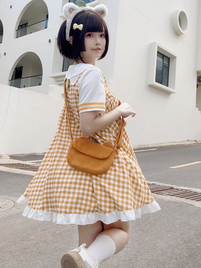 Robe à carreaux et manches courtes à col Peter Pan Orange Bear