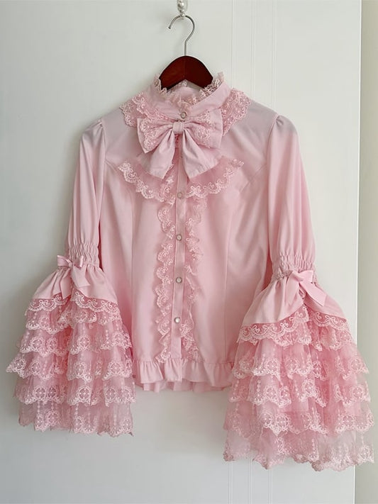 Ärmel Spitze Lolita Rosa Glockenbluse Lagen