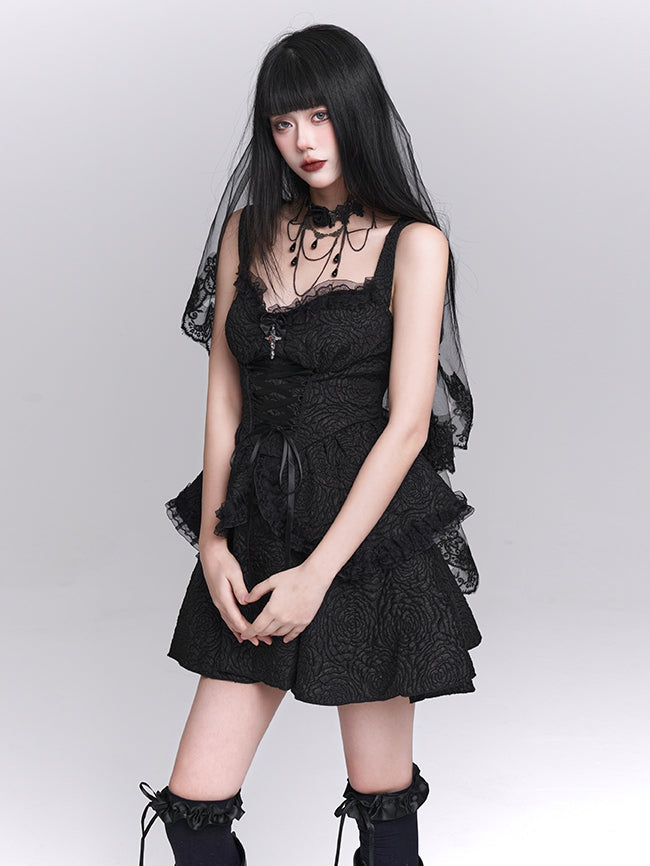 Skirt Gothic Black Sweetheart Neckline Lace-up Front Tiered