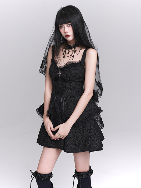 Skirt Gothic Black Sweetheart Neckline Lace-up Front Tiered