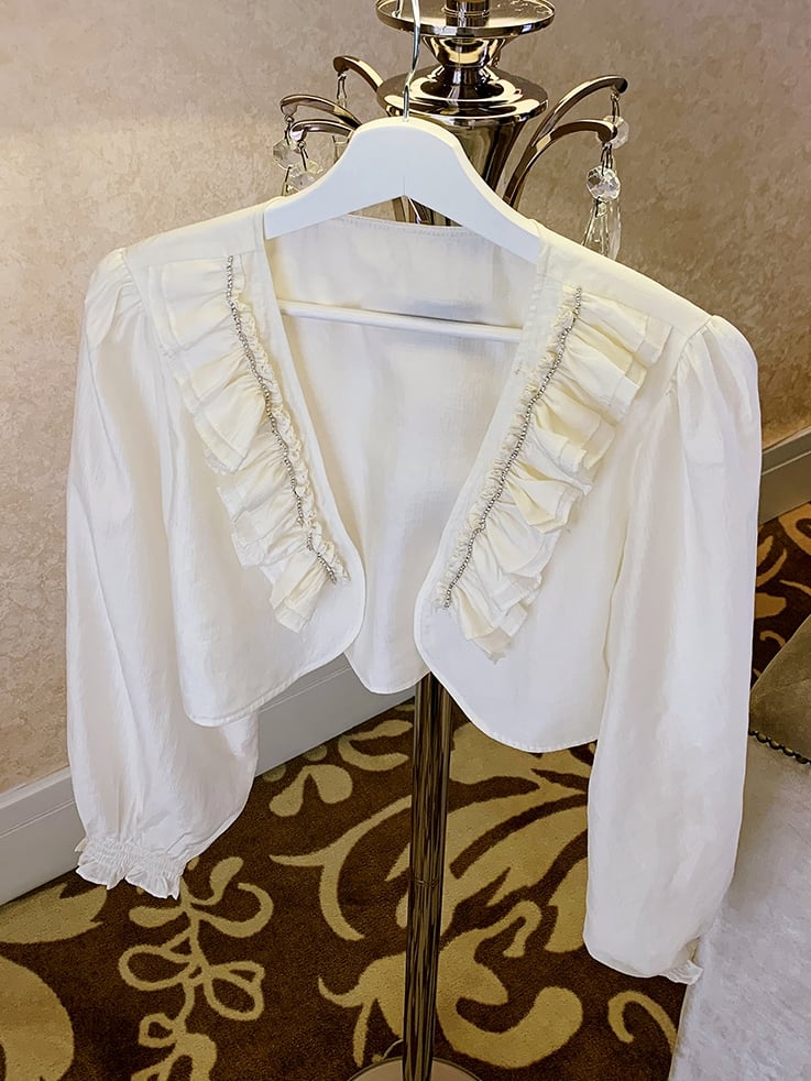 Plus Size Apricot Ruffled Trim Open Placket Rhinestone Embellished Top
