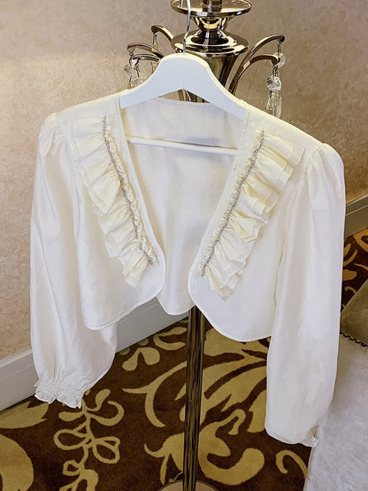 Plus Size Apricot Ruffled Trim Open Placket Rhinestone Embellished Top
