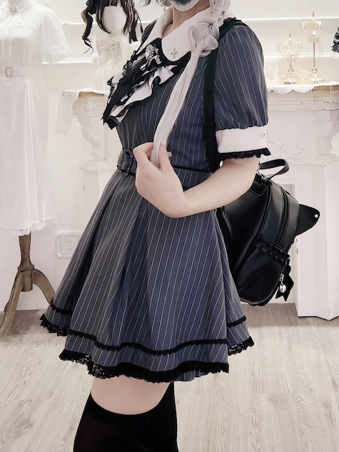 Set Collar Dark Peter Blue Top Pan Kei Stripes Maid Shorts Jirai with