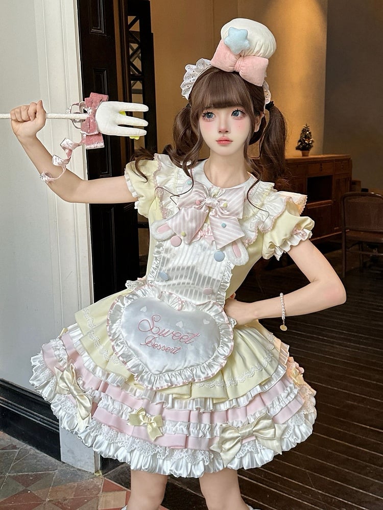 Theme Pink Yellow and Sleeves Puff Lolita Maid Sweet Bunny Dress