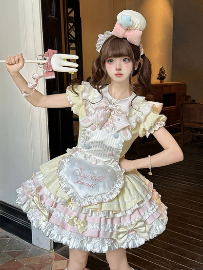 Theme Pink Yellow and Sleeves Puff Lolita Maid Sweet Bunny Dress