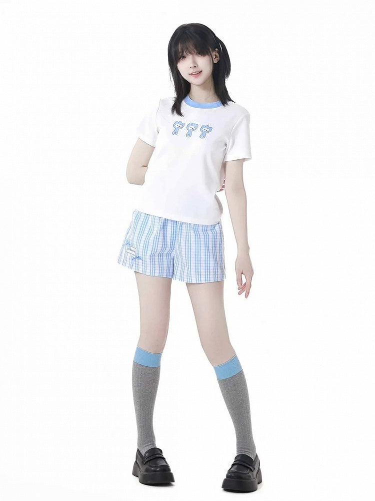 Blue  White Elastic Waist Plaid Shorts