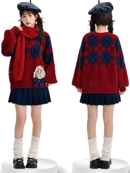 Snow White Princess Red Diamond Pattern Mohair Loose Sweater