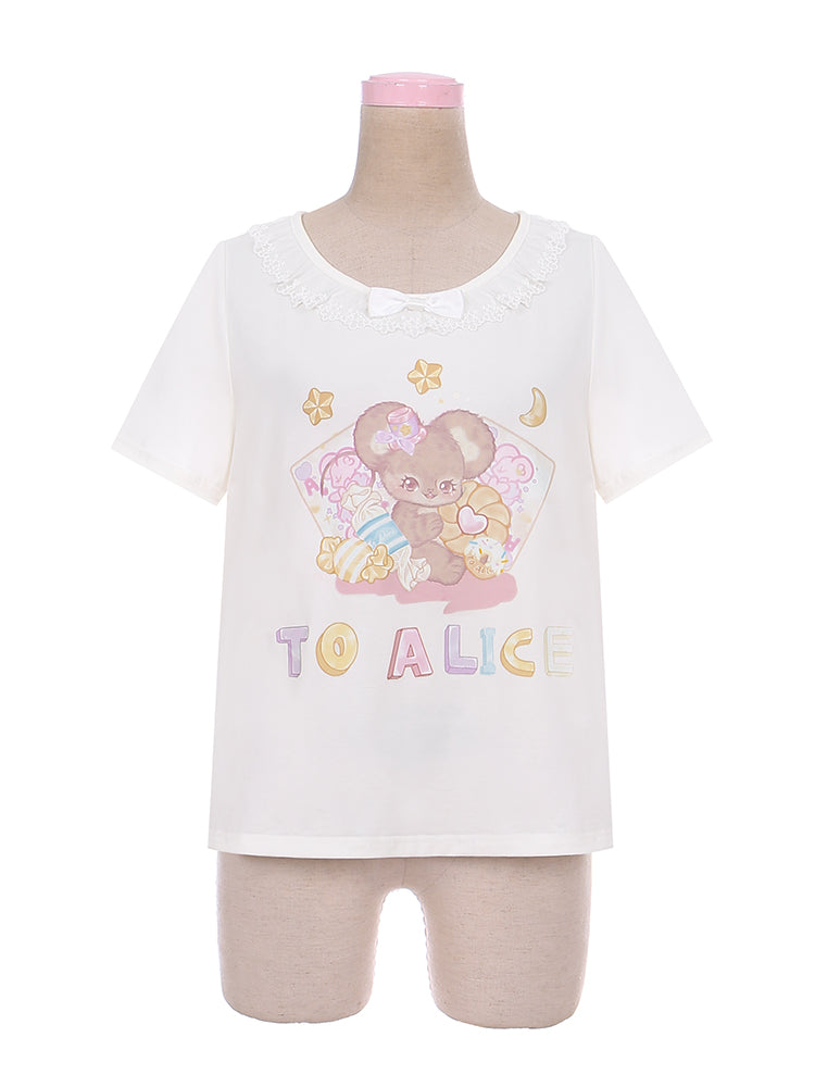 Short Version Adorable Mouse Print White/Pink Lace Trim T-Shirt