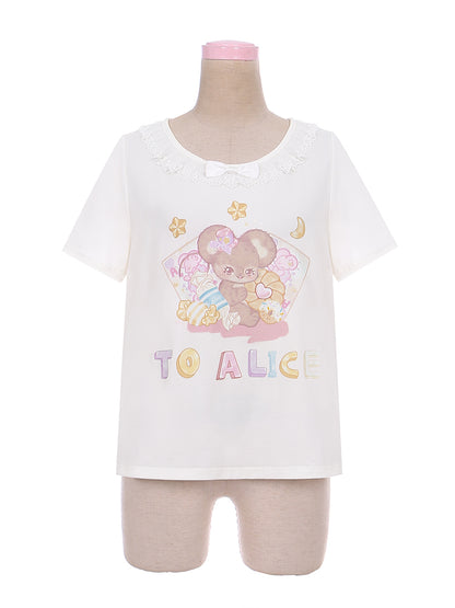 Short Version Adorable Mouse Print White/Pink Lace Trim T-Shirt