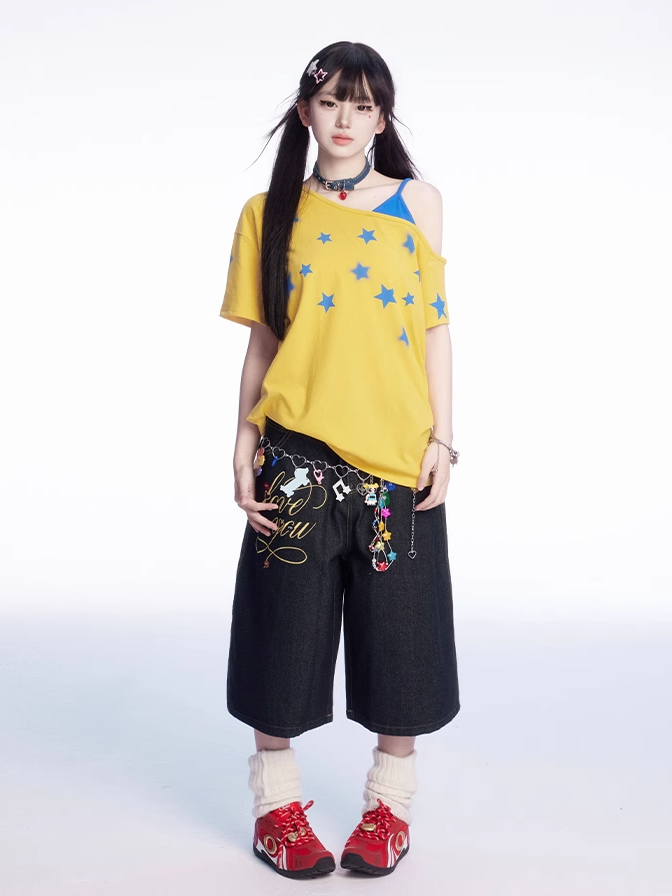 Star Faux Asymmetrisches T-Shirt Blau Print Ausschnitt Gelb