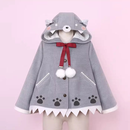 Grey Wolf Ears Paws Pattern Hooded Woolen Cape Tooth-shapedhem