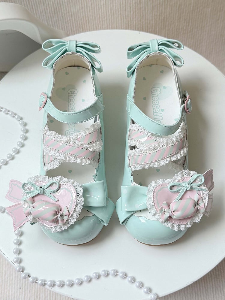 Grünes Leder Candy Clip PU Schuhe Sweet Mint Low-Heel Pink Heart mit
