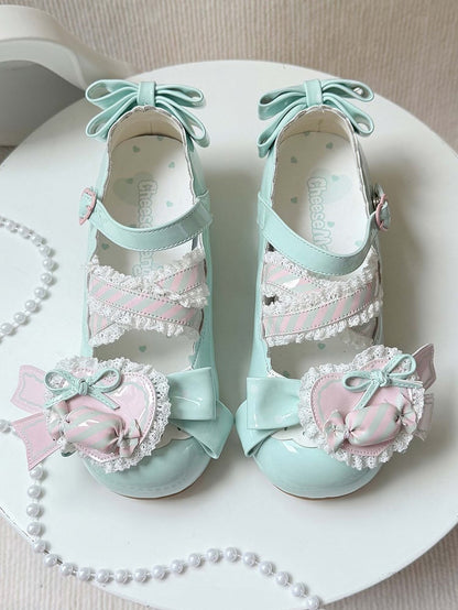 Grünes Leder Candy Clip PU Schuhe Sweet Mint Low-Heel Pink Heart mit