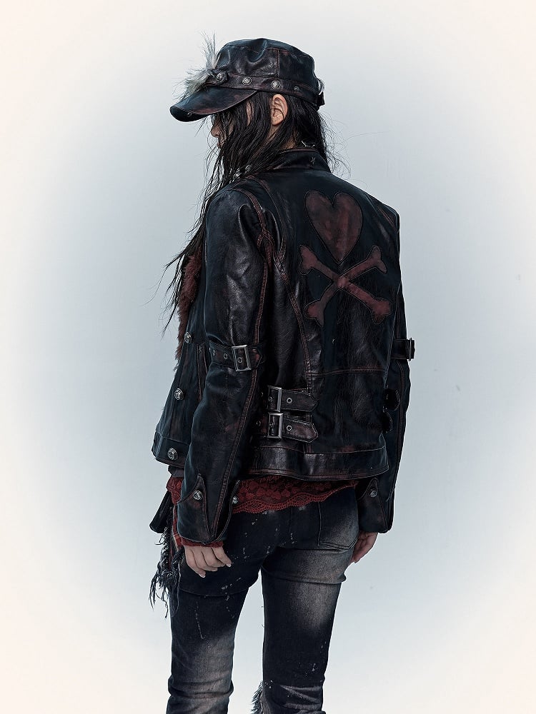 Dark Red Heart and Bone Applique Jacket with Buckle