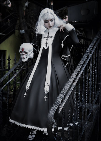 Black and White Cross Embroidery Gothic Nun Lolita Dress