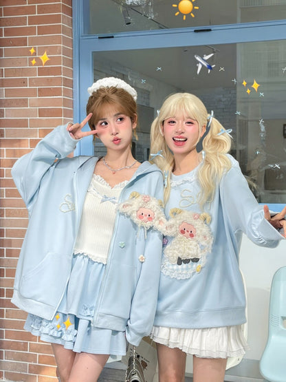 Yume Kawaii Blue Plush Lamb Knitted Floral Sweatshirt