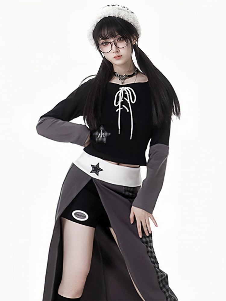 グレーパープルのスターアップリケ付き太もも丈スリット入りチェック柄ロングスカート