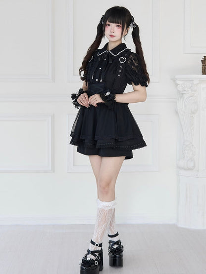 Jirai Kei – Schwarz/Weiße Bluse mit kurzen Ärmeln und Perlenkragen