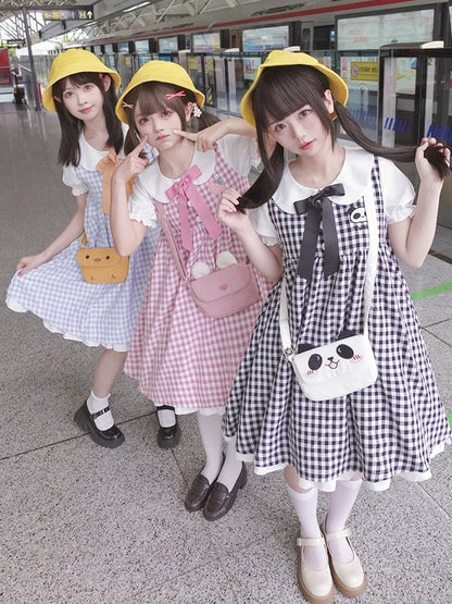 Pink Strawberry Peter Pan Collar Plaid Short Puff Sleeves Dress