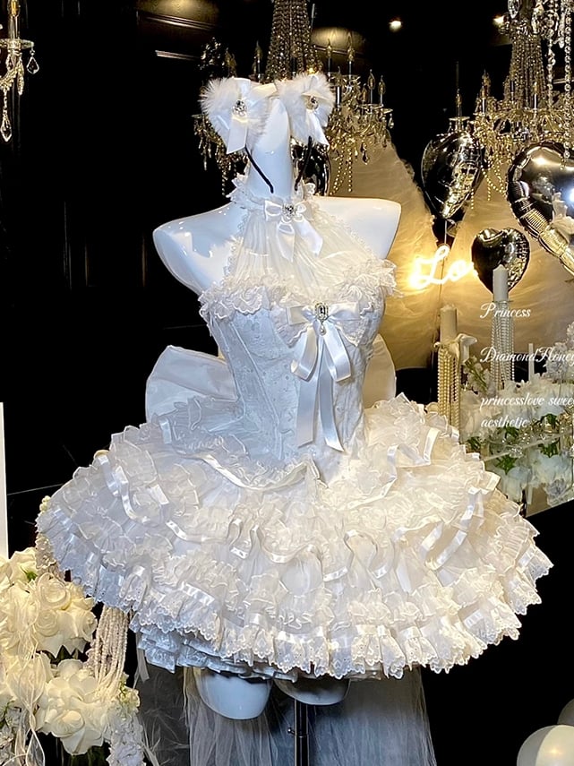 Robe Hanayome Shiro blanche à col licou et papillons et paillettes