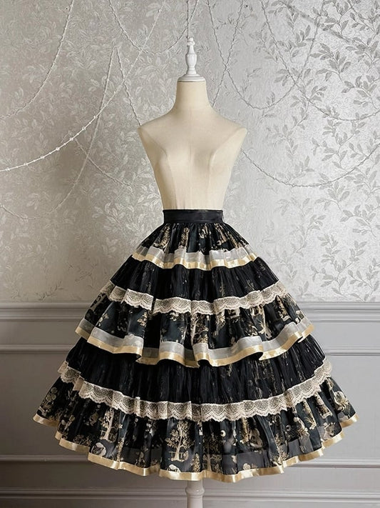 Skirt Black Gold and Print Ruffle Bunny Tiered Kitty Lolita