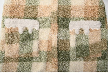 Green Polo Collar Lace Trim Plaid Fleece Coat