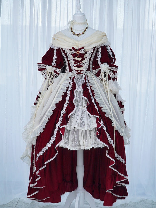 Rüschen High-Low Lolita Rot Schimmerndes Samtkleid Kaskadierendes Hanayome und Weiß