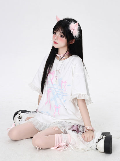 T-Shirt White/Black Cascading Ruffle Accents Bowknots Print Loose