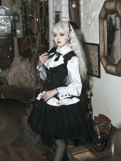 White and Black Gothic Lolita Outfit Shirt + Cross Charms Curved Hem Waistcoat + Spider Web Fabric Skirt Full Set