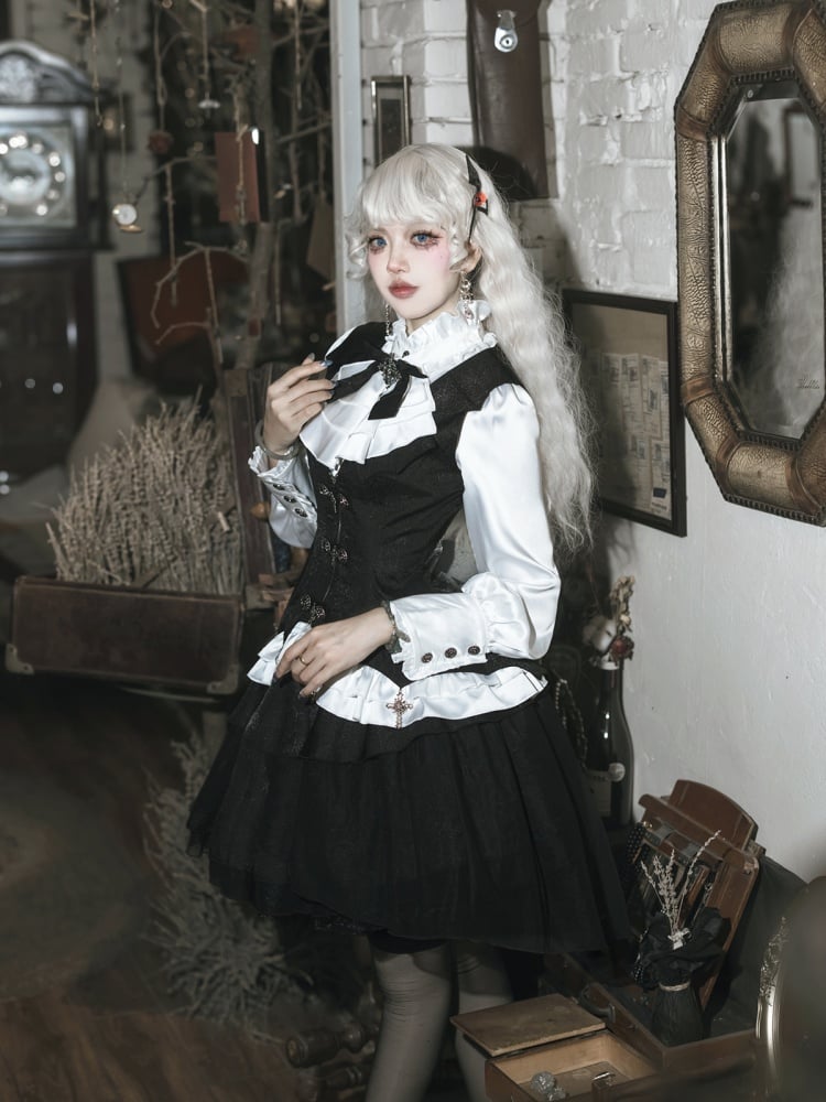 White and Black Gothic Lolita Outfit Shirt + Cross Charms Curved Hem Waistcoat + Spider Web Fabric Skirt Full Set