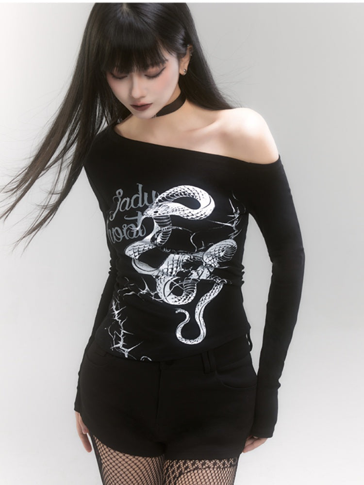 Black Asymmetrical Neckline Snake Slim-fitting Top