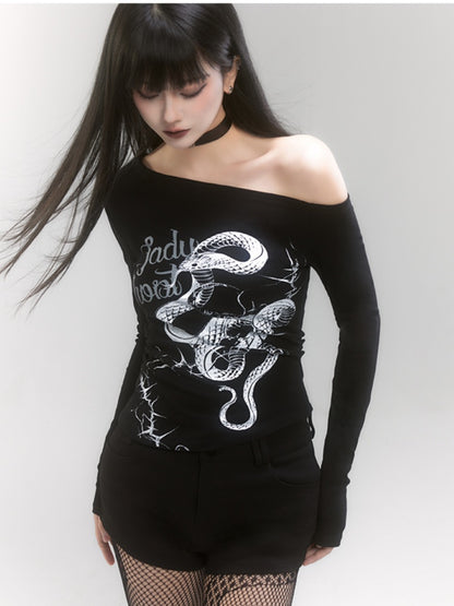 Black Asymmetrical Neckline Snake Slim-fitting Top