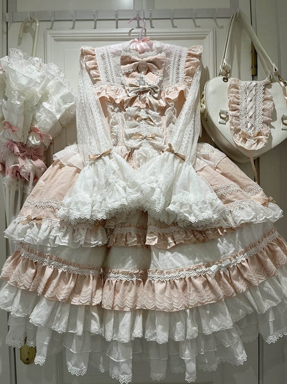 Piece Pink Bowknots Skirt Hime Lolita Dress Sweet Bell Sleeves Layered Bodice on One