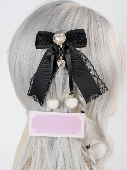 Jirai Kei Pompom Details Sweetheart Charm Bowknot Hairclip