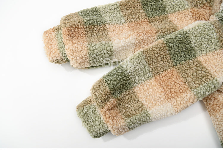 Green Polo Collar Lace Trim Plaid Fleece Coat