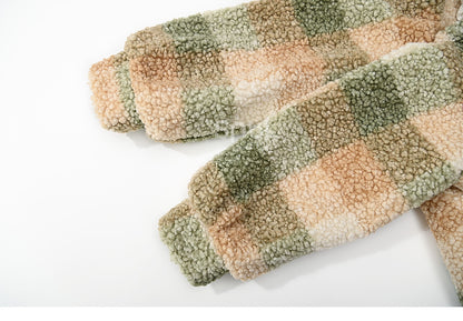 Green Polo Collar Lace Trim Plaid Fleece Coat