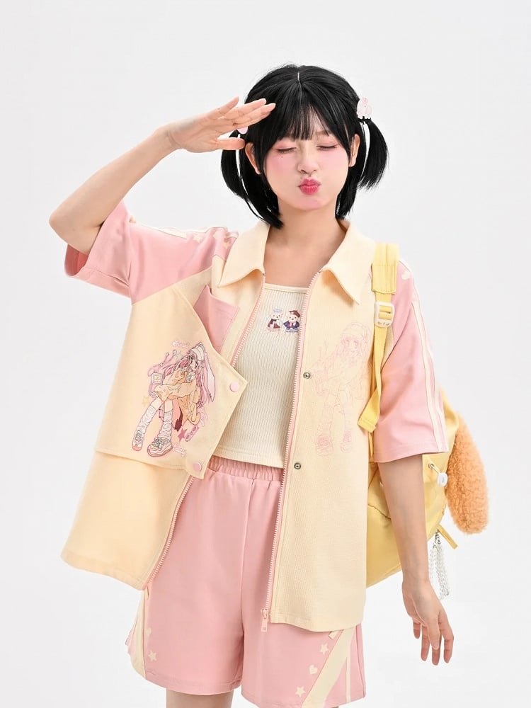 Pink Elastic Waist Loose Shorts