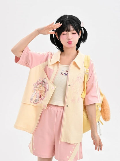 Pink Elastic Waist Loose Shorts