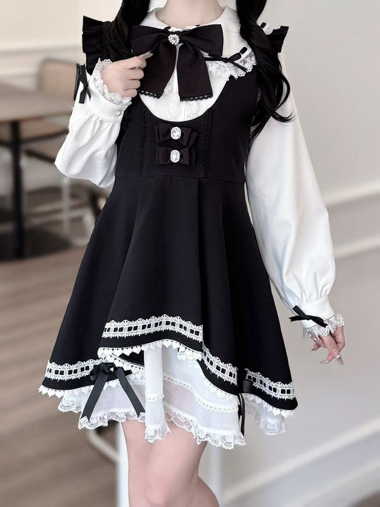 Tiered Jirai Kei Black Skirt with Bowknots on Overall Dress Hem