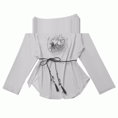 Three Set Strap Bunny Print Coverup+Cami Top +Self-tie Gray Off-the-shoulder Pieces