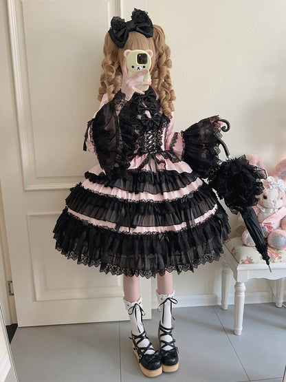 Bell Black Lolita and Long Sleeves Skirt Tiered Pink Ruffle Decorated Bows Dress