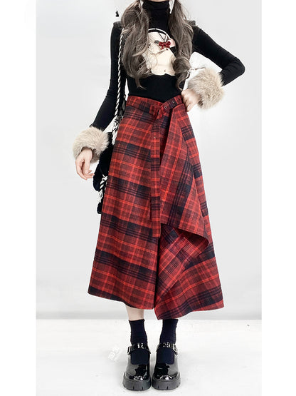 Wine Red Plaid Skirt with Asymmetric Waistline