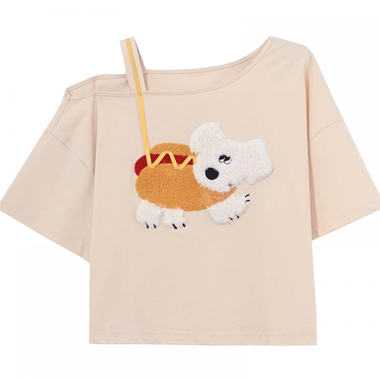 Puppy Applique T-Shirt Asymmetrical Neckline Hotdog Apricot Design