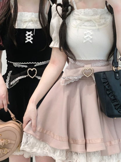 Jirai Kei Lace Bow Big Back Skirt Black/Light Trim Beaded Heart Decorated Blue Lace-up