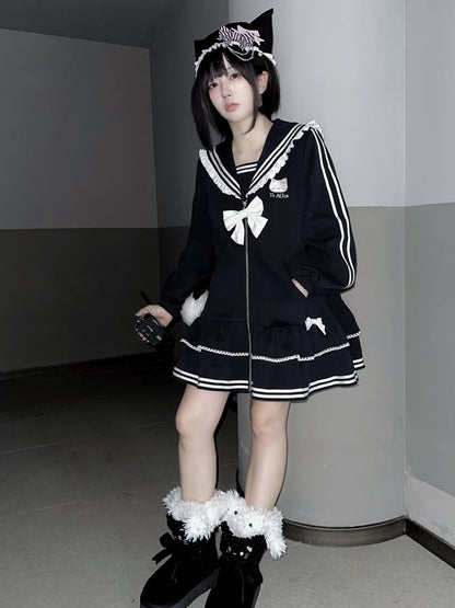 Embroidery Zip Kitty Jirai Kei Collar Dress Black Landmine Style Sailor Closure