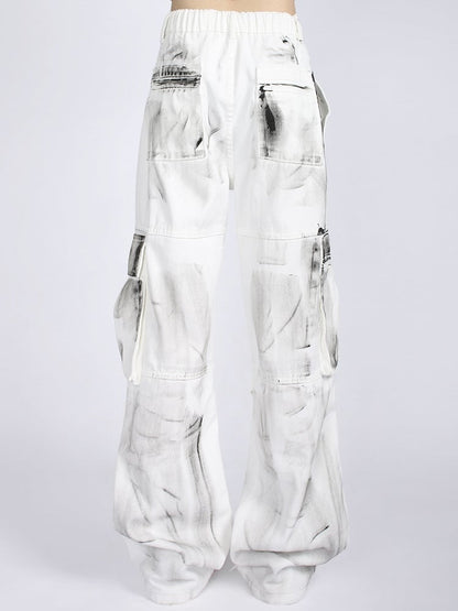 Vintage White Splatter Tie-Dye Loose Fit Cargo Jeans with Drawstring Waist