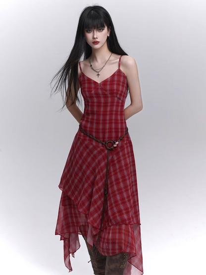 Red Plaid V-Neck Handkerchief Hem Cami Dress