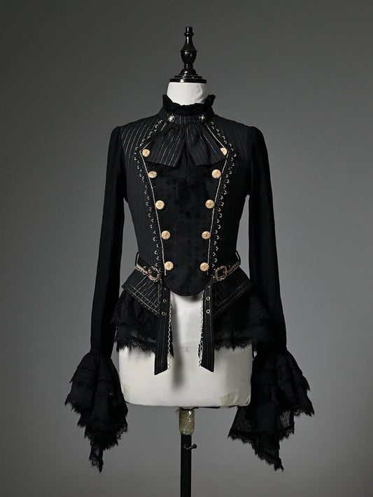 Black Ruffle Neckline Long Cuffs Sleeves Jabot Cadcading