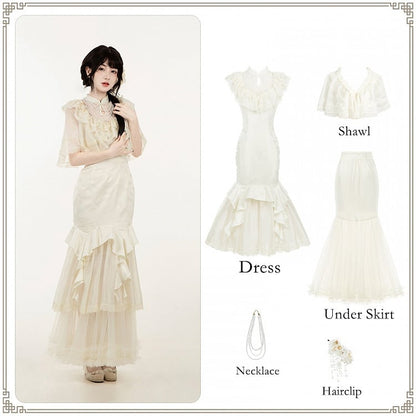 Set Lolita Qi Mermaid Butterfly Qipao Full Illusion Neckline Jacquard Collar Dress